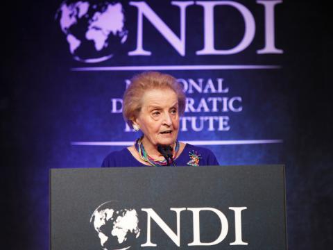 Former Secretary of State Madeleine Albright welcomes guests at the National Democratic Institute's (NDI) annual Madeleine K. Albright Luncheon. Secretary Albright serves as chairman on NDI's board of directors. Credit: Chan Chao