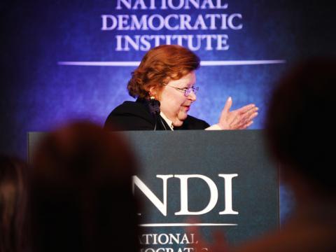 U.S. Senator Barbara Mikulski gives special remarks at NDI's 2015 Madeleine K. Albright Luncheon. Senator Mikulski was surprised with W. Averell Harriman Democracy Award, NDI's highest honor. Credit: Chan Chao