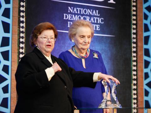 At NDI's 2015 Madeleine K. Albright Luncheon, U.S. Senator Barbara Mikulski was surprised with W. Averell Harriman Democracy Award, NDI's highest honor. Credit: Chan Chao