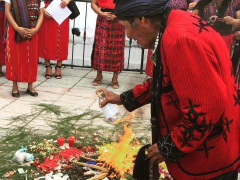 An indigenous leader takes part in a traditional Mayan ceremony in Nebaj, Quiche at the launch of a citizen observation on electoral violence.