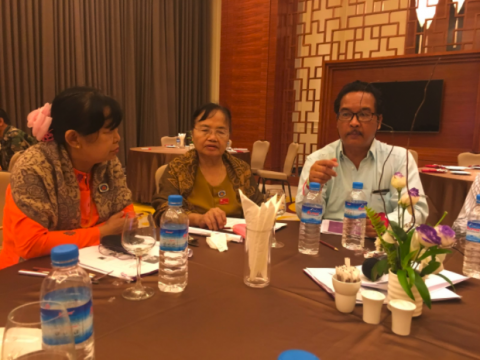 MPs discuss tactics to build consensus and design effective ethics guidelines. From left to right are: Daw Sheila Nang Tawng, Daw Naw Mya Say and U Kyaw Thiha